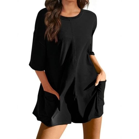 Short Sleeved Solid Color Women Loose Casual Jumpsuit Back V Romper Shorts with Pocket