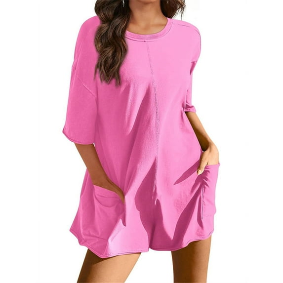 Short Sleeved Solid Color Women Loose Casual Jumpsuit Back V Romper Shorts with Pocket