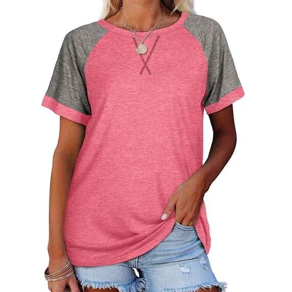 Short Sleeved Summer Women Patchwork Color Block Raglan Shirt Tops