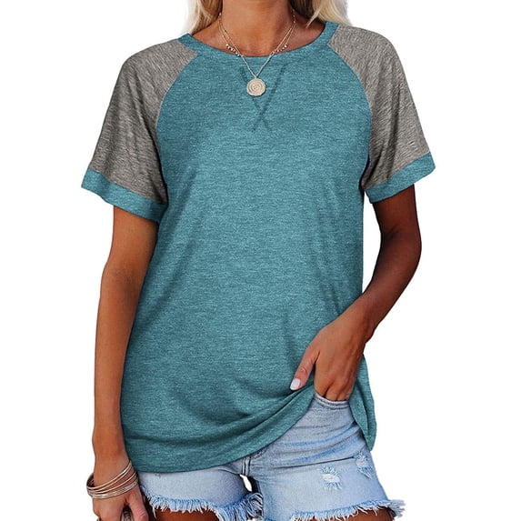 Short Sleeved Summer Women Patchwork Color Block Raglan Shirt Tops