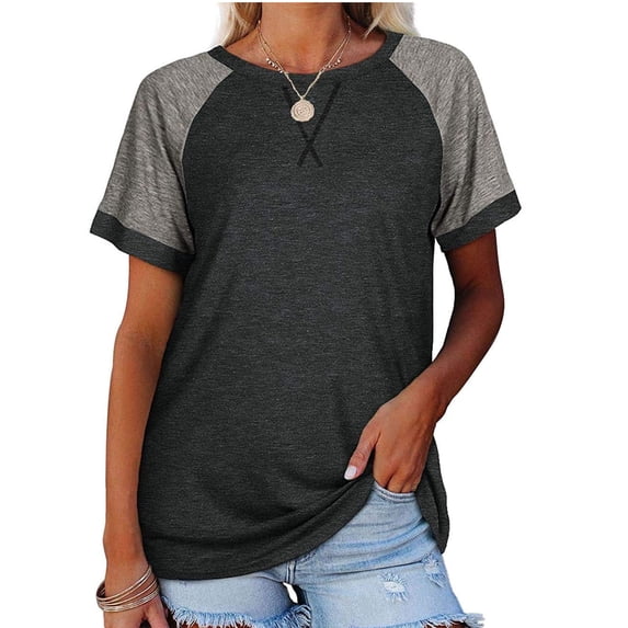Short Sleeved Summer Women Patchwork Color Block Raglan Shirt Tops
