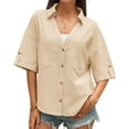 thumbnail image 1 of Short Sleeved Summer Women Solid V Neck Button Down Casual Blosue with Pocket, 1 of 6