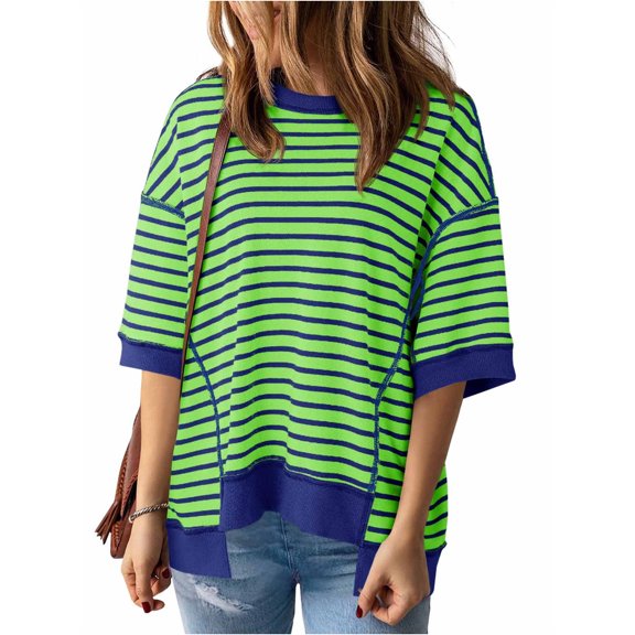 Short Sleeved Summer Women Striped Printing Casual Loose T-shirt Tops