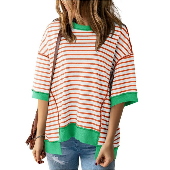 Short Sleeved Summer Women Striped Printing Casual Loose T-shirt Tops