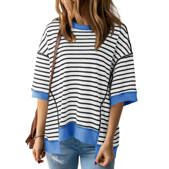 Half Sleeve Womens Oversized T Shirts Striped Color Block Cotton Tops Loose Fit Crewneck Sweatshirts