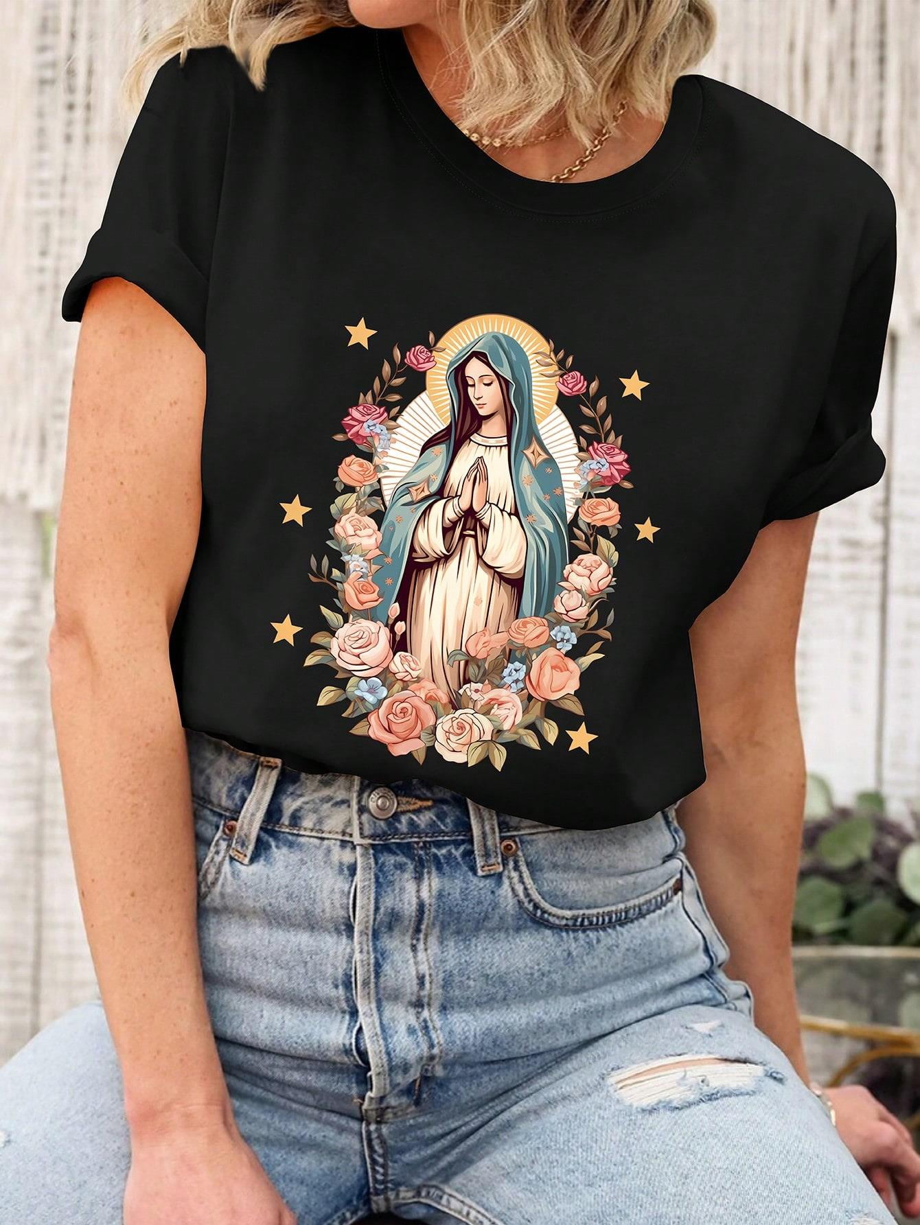 Short Sleeved T-Shirt With Virgin Mary Pattern Graphic Tees Women 