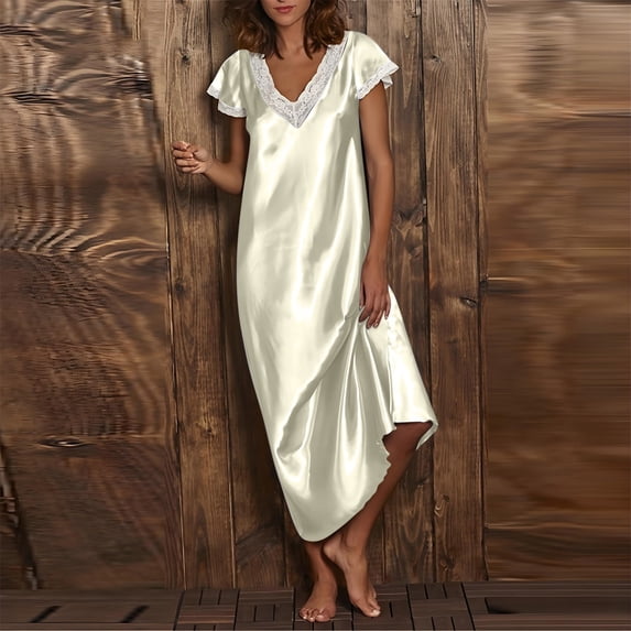 Short-Sleeved V-Neck Top Ladies Satin Pajamas JIANLAI Lady’s Lace Dress, Silk Dress, Sleeping Pajamas, Cool Sensation, Smooth Fabric S-XXL