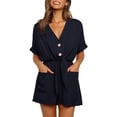 thumbnail image 1 of Short Sleeved V-Neck Women Casual Jumpsuit Buttons Rompers Summer Female One Piece Shorts With Pocket, 1 of 3