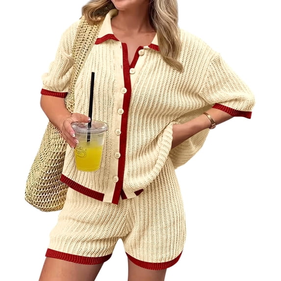 Short Sleeved Women Casual Crochet Set Lapel Button Down Cardigan Tops and Shorts