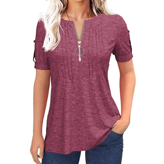 Short Sleeved Women Crewneck Casual Half Zipper Blouse