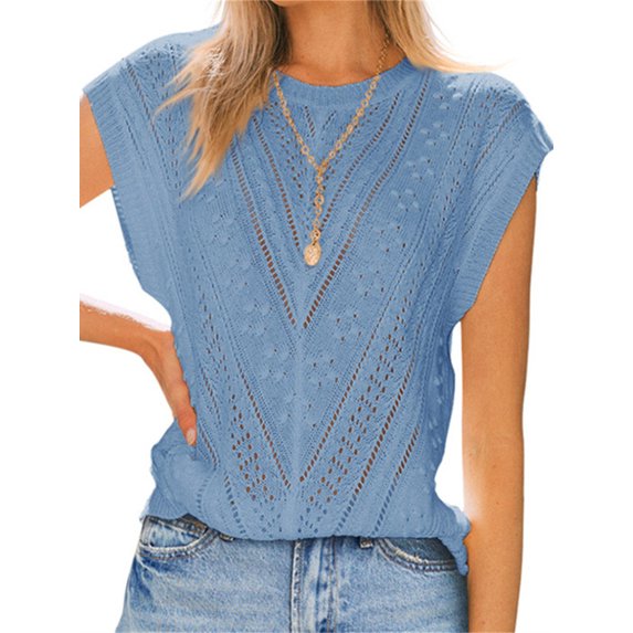 Short Sleeved Women Hollow-Out Crewneck Casual Knit Vest Tops
