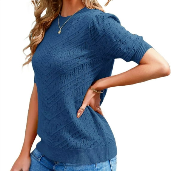 Short Sleeved Women Hollow-out Casual Crew Neck Knit Sweater Tops