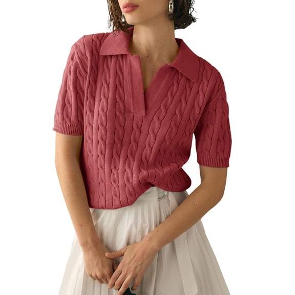 Short Sleeved Women Solid Color Lapel V Neck Casual Knit Cable Pullver Sweater