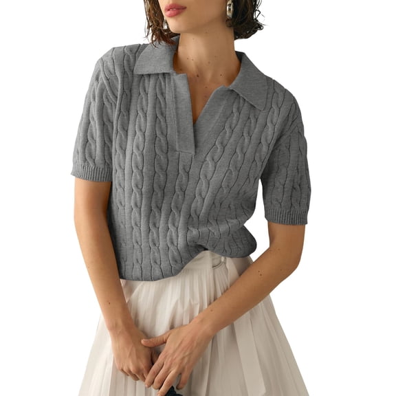 Short Sleeved Women Solid Color Lapel V Neck Casual Knit Cable Pullver Sweater