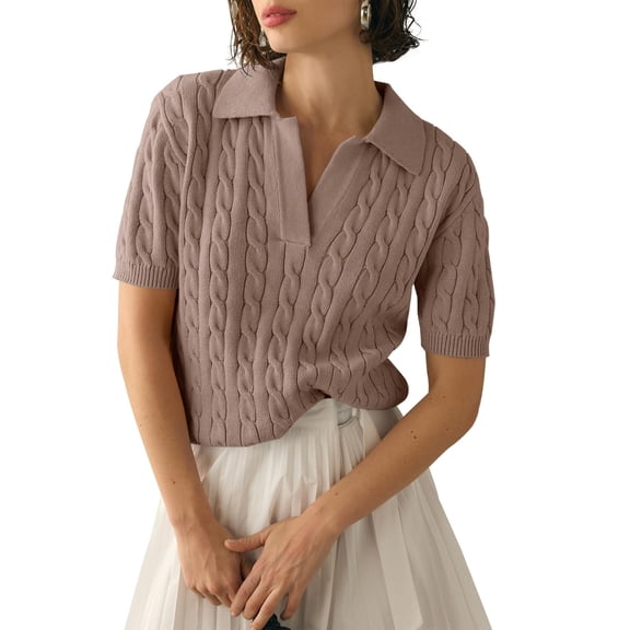 Short Sleeved Women Solid Color Lapel V Neck Casual Knit Cable Pullver Sweater