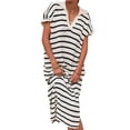thumbnail image 1 of Short Sleeved Women Striped Printing V-Neck Long Casual Dress, 1 of 4