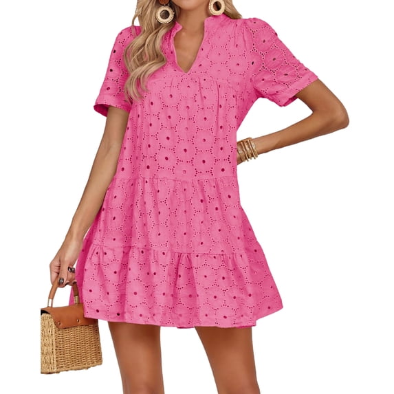 Short Sleeved Women V-neck A-line Loose Mini Eyelet Lace Dress