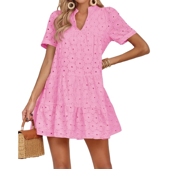 Short Sleeved Women V-neck A-line Loose Mini Eyelet Lace Dress