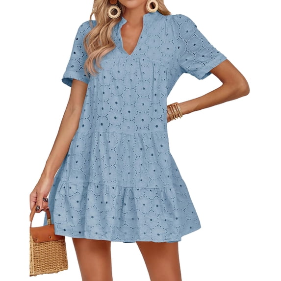 Short Sleeved Women V-neck A-line Loose Mini Eyelet Lace Dress