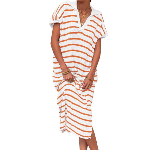 Short Sleeved Women V-neck Casual Loose Knit Dress Lapel Striped Print Straight Knee Sweater Dress