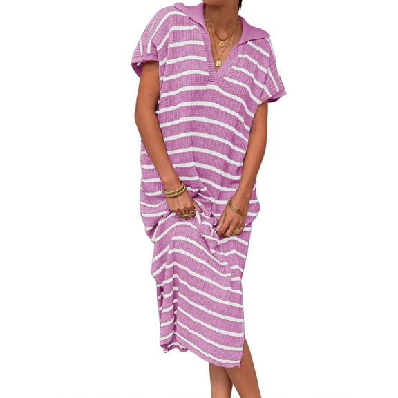Short Sleeved Women V-neck Casual Loose Knit Dress Lapel Striped Print Straight Knee Sweater Dress