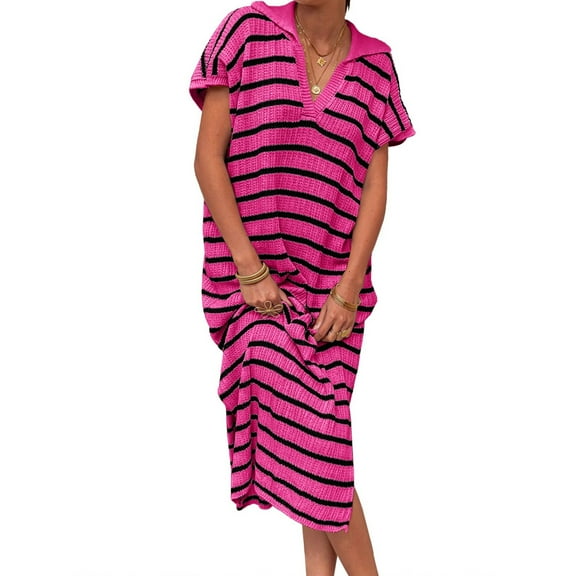 Short Sleeved Women V-neck Casual Loose Knit Dress Lapel Striped Print Straight Knee Sweater Dress