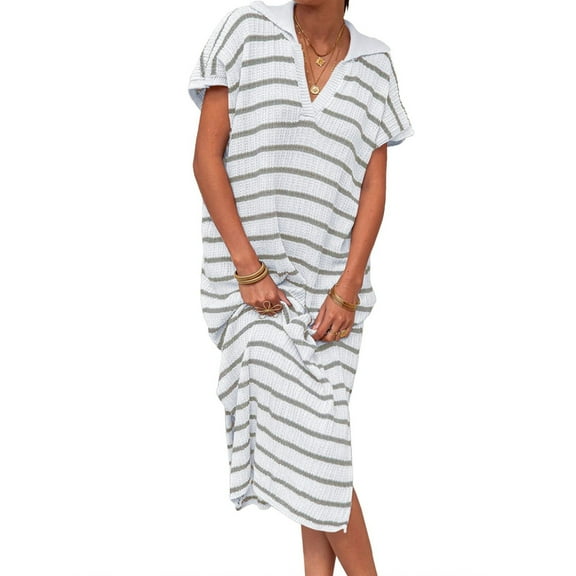 Short Sleeved Women V-neck Casual Loose Knit Dress Lapel Striped Print Straight Knee Sweater Dress