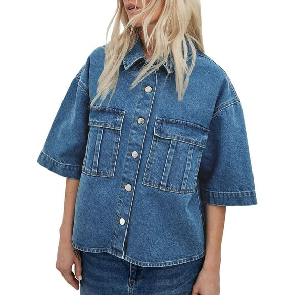 Short Sleeved Women's Denim Jacket, Oversized Casual Denim Shirt with Pocket Top