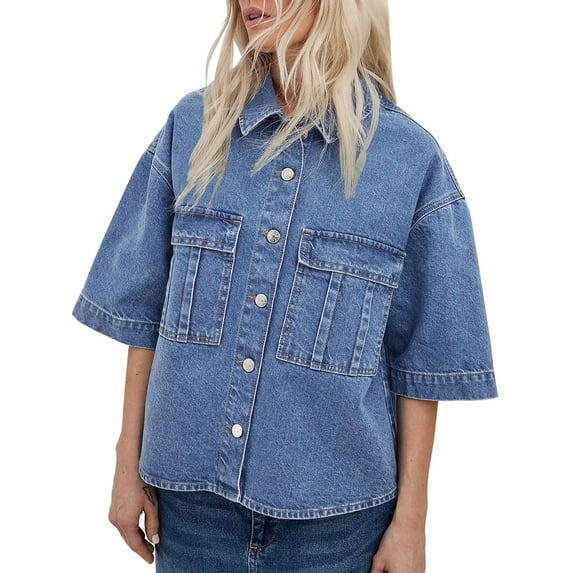 Short Sleeved Women's Denim Jacket, Oversized Casual Denim Shirt with Pocket Top