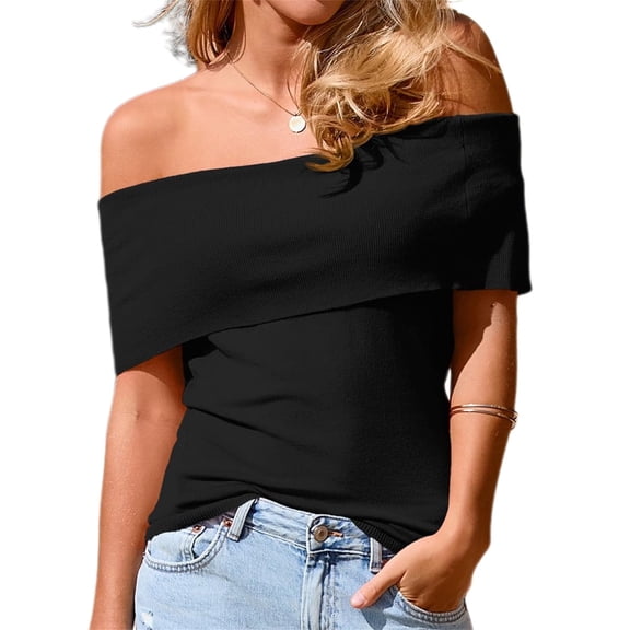 Short Sleeved Women's Off The Shoulder Sweaters Casual Knit Y2K Going Out Tops Blouses