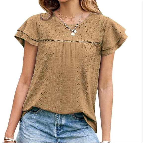 Short Sleeved Women's Round Neck Ruffle Sleeve Eyelet Summer Casual Tunic Tops