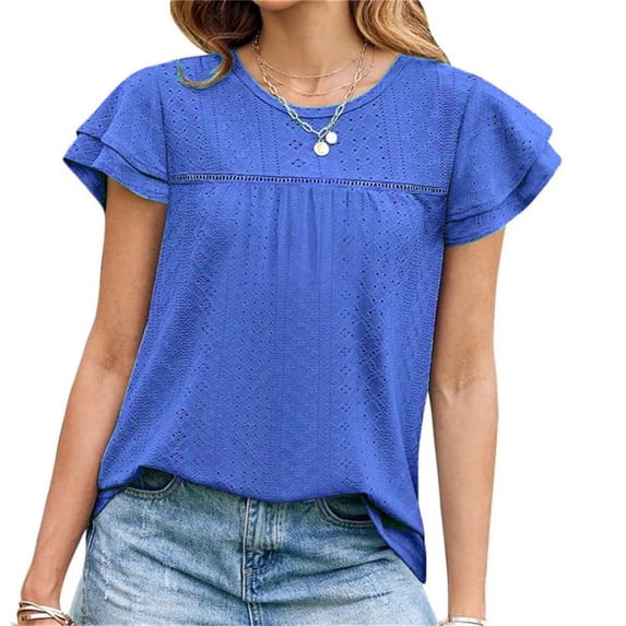 Short Sleeved Women's Round Neck Ruffle Sleeve Eyelet Summer Casual Tunic Tops