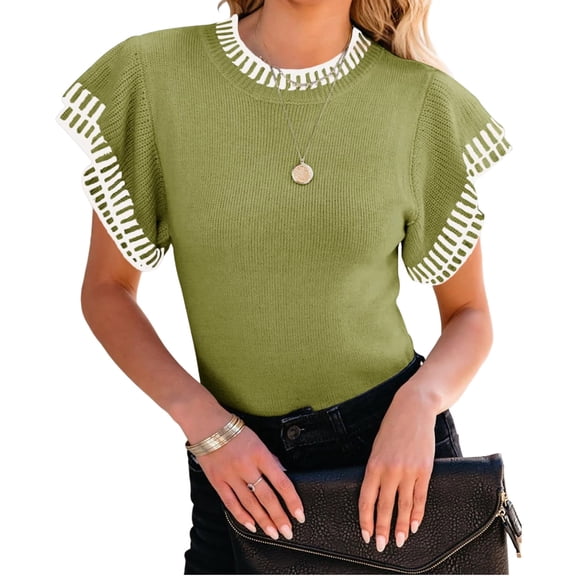 Short Sleeved Womens Ruffle Tops Crew Neck Lightweight Soft Knit Sweater