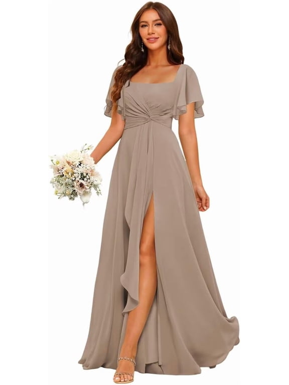 Short Sleeves Chiffon Bridesmaid Dress with Pocket Pleated Aline Formal Evening Dresses with Slit ZU012