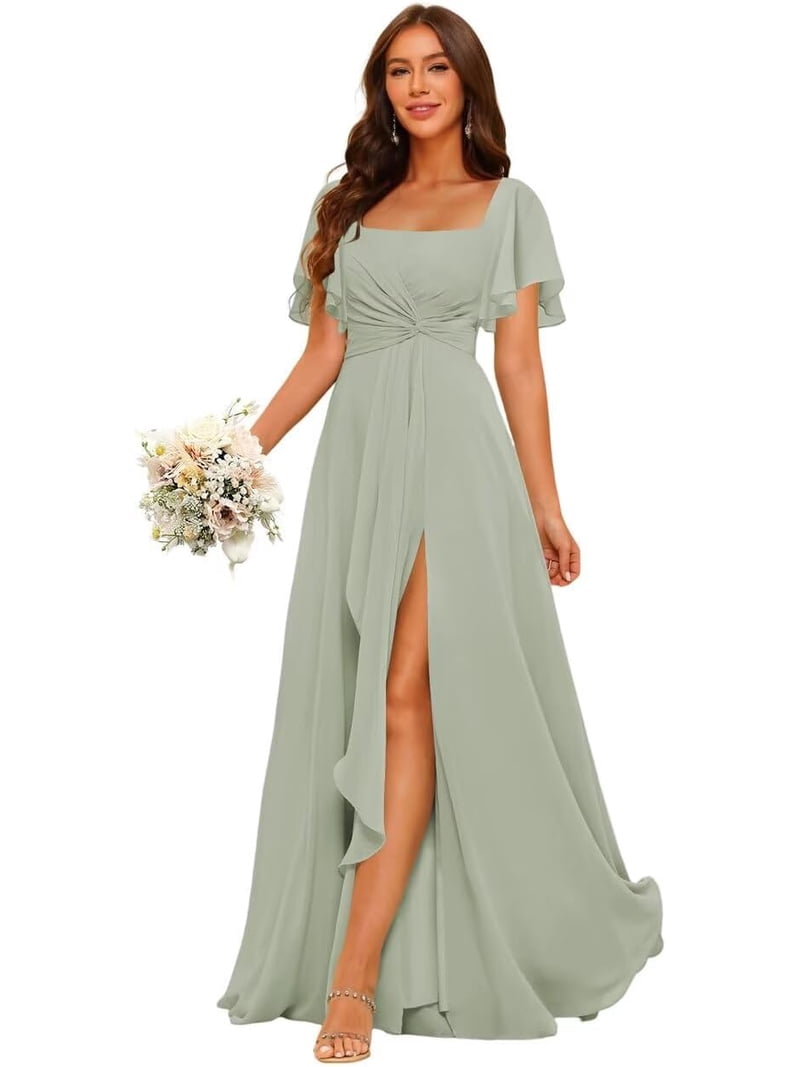 flair bridesmaid dresses Short Sleeves Chiffon Dress with Pocket Pleated Aline Formal Evening with Slit ZU012 Tamanho:L/XL Prickle Thorn Print Mesh kaykco hat Plum Layered Tulle A
