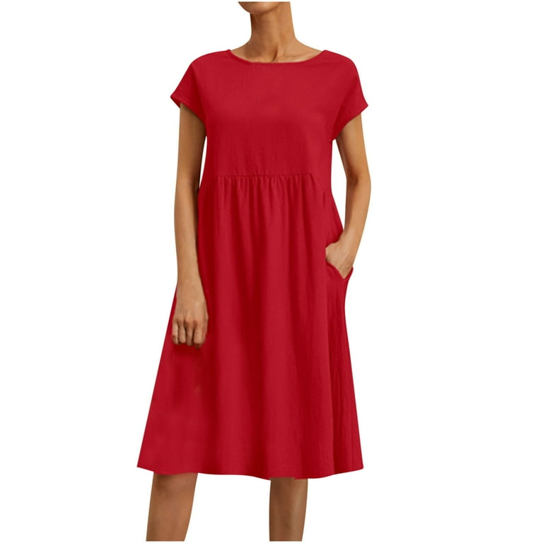 Savings Short Sleeves Dress for Women Boat Neck Dress Cotton Linen Knee Length Dress with Pockets Ruffled Loose Fit Solid Color A line Dress Walmart