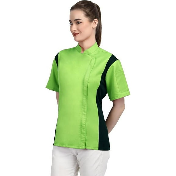 Short Sleeves Green Color Zipper Chef Coat Jacket Uniform for women with Side Mesh ideal for Caterers and Culinary professional XS Size