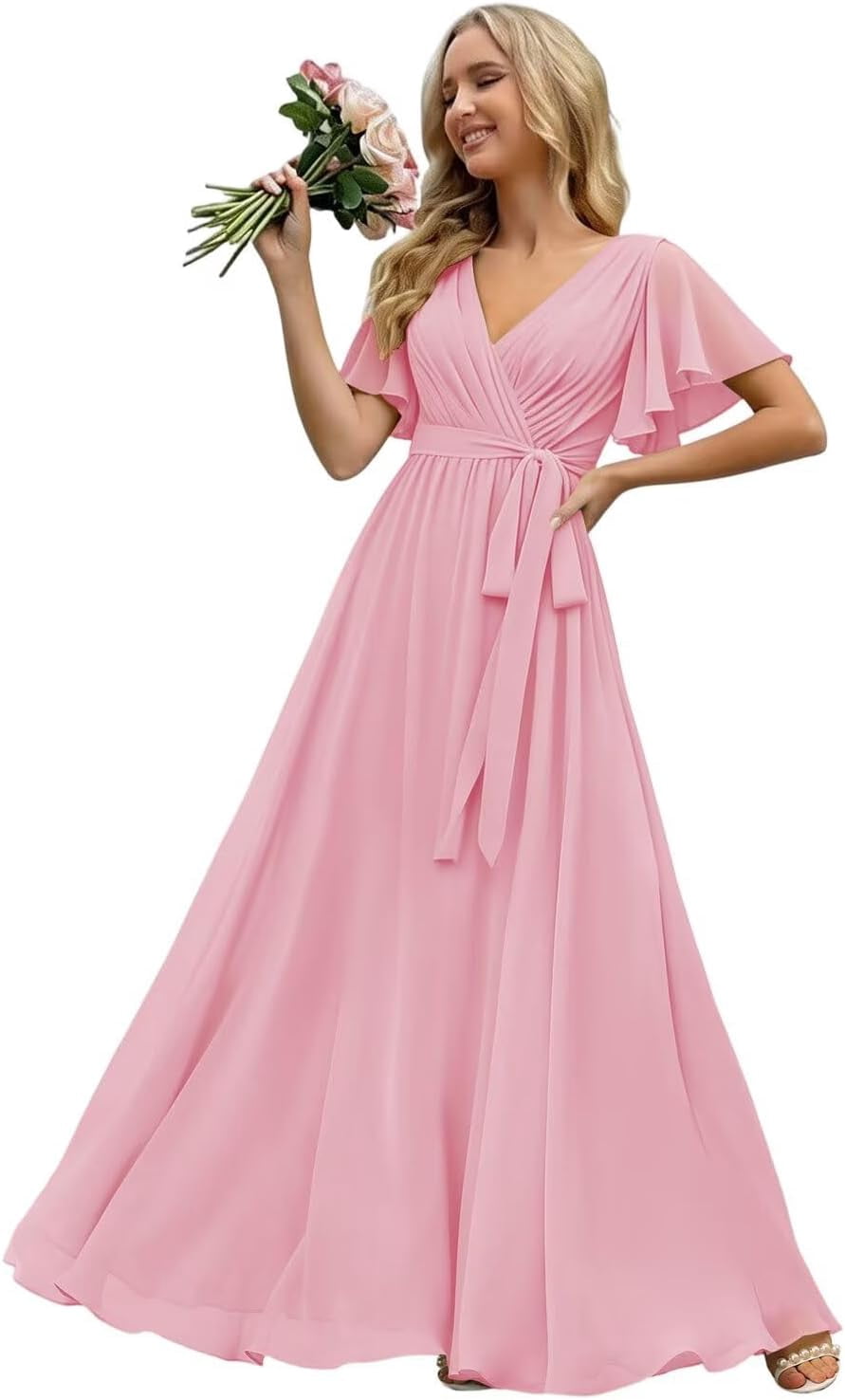 LYQDRSS Short Sleeves Pleated Bridesmaid Dress with Pocket Ruffles Chiffon Formal Evening Dresses with Bow Zu143, Women's, Size: 28 Plus, Clear