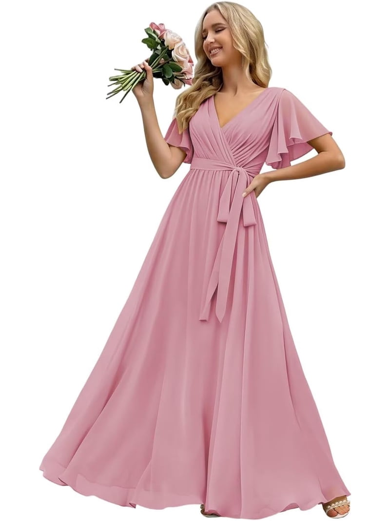 long bridesmaid dresses with pockets LYQDRSS Short Sleeves Pleated Dress Pocket Ruffles Chiffon Formal Evening with Bow Zu143, Women's, Size: 28 Plus, Clear kleita meitenēm