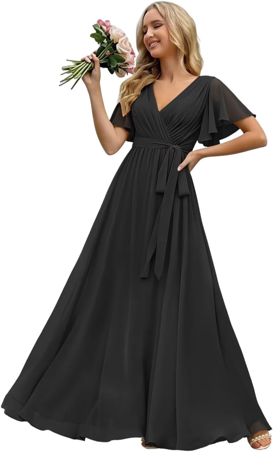 bow sleeve bridesmaid dress LYQDRSS Short Sleeves Pleated with Pocket Ruffles Chiffon Formal Evening Dresses with Zu143, Women's, Clear Arnsht Women's Sequin Sparkly Twilight Chiffon Bridesmaid Chiffon gown whilst the smooth satin Style:Fur only