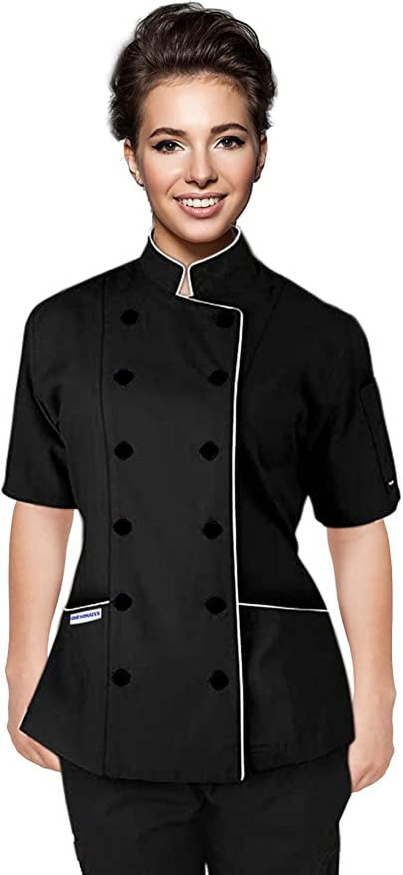 chef dress design Short Sleeves Tailored Fit Chef Coat Jacket Uniform for Women for Food  Service, Caterers, Bakers and Culinary Professional (Black/White Trim,  X-Large)