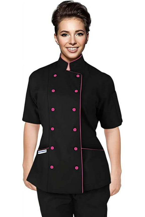 Short Sleeves Tailored Fit Chef Coat Jacket Uniform for Women for Food Service, Caterers, Bakers and Culinary Professional (Black/Pink Trim, X-Large)