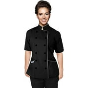 Short Sleeves Tailored Fit Chef Coat Jacket Uniform for Women for Food Service, Caterers, Bakers and Culinary Professional (Black/White Trim, Large)