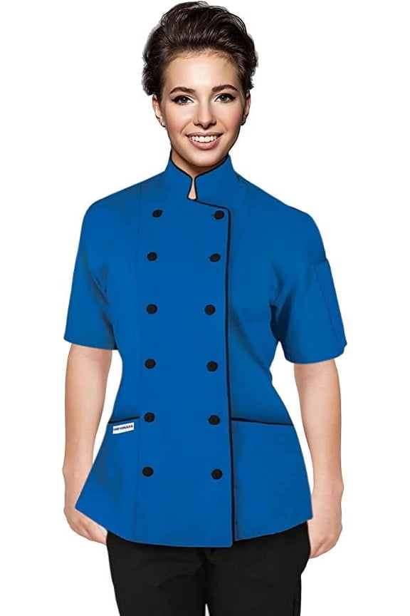 Short Sleeves Tailored Fit Chef Coat Jacket Uniform for Women for Food Service, Caterers, Bakers and Culinary Professional (Royal Blue, X-Large)