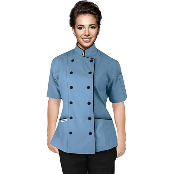 Short Sleeves Tailored Fit Chef Coat Jacket Uniform for Women for Food Service, Caterers, Bakers and Culinary Professional (Sky Blue, Large)
