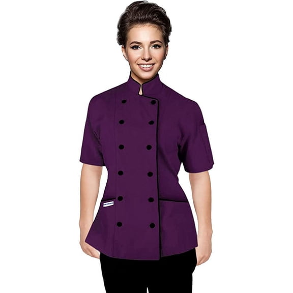 Short Sleeves Tailored Fit Chef Coat Jacket Uniform for Women for Food Service, Caterers, Bakers and Culinary Professional (Violet, Medium)