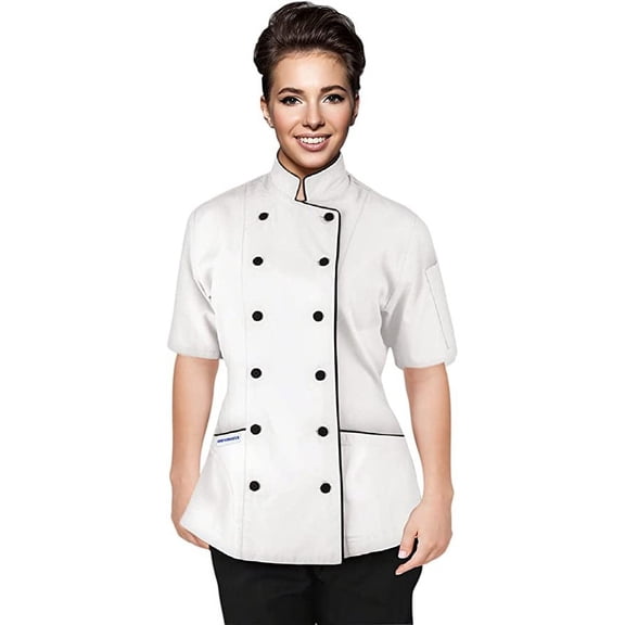 Short Sleeves Tailored Fit Chef Coat Jacket Uniform for Women for Food Service, Caterers, Bakers and Culinary Professional (White, X-Large)