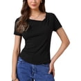 thumbnail image 1 of INSPIRE CHIC Short Sleeves Top for Women Ruched Going Out Crop Shirts Slim Fit Basic Tee Blouse L Black, 1 of 6
