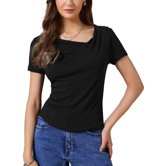 INSPIRE CHIC Short Sleeves Top for Women Ruched Going Out Crop Shirts Slim Fit Basic Tee Blouse L Black