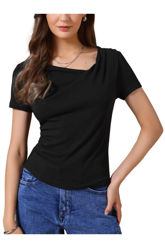 Short Sleeves Top for Women Ruched Going Out Crop Shirts Slim Fit Basic Tee Blouse M Black